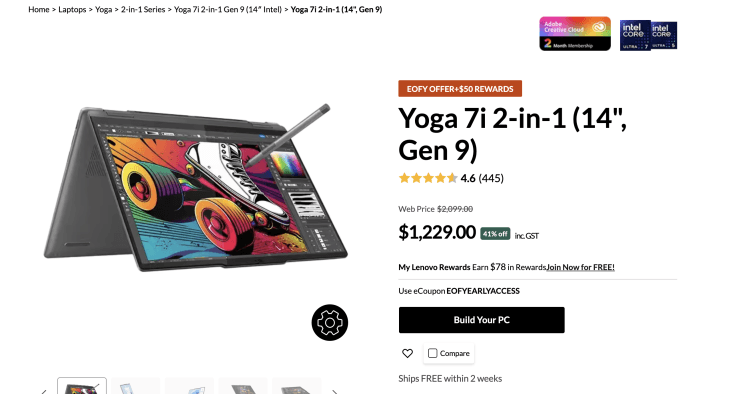 Lenovo: Yoga 7i 2-in-1 (14″, Gen 9) – 41% Off – $1,229 + $50 Rewards